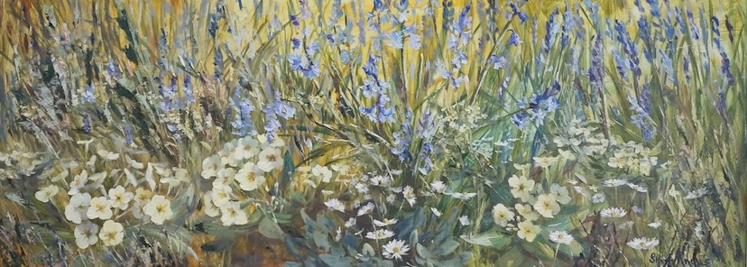 Sheila Angus (20th. C), oil on board, ‘May Flowers’, signed, 34 x 90cm. Condition - fair/good